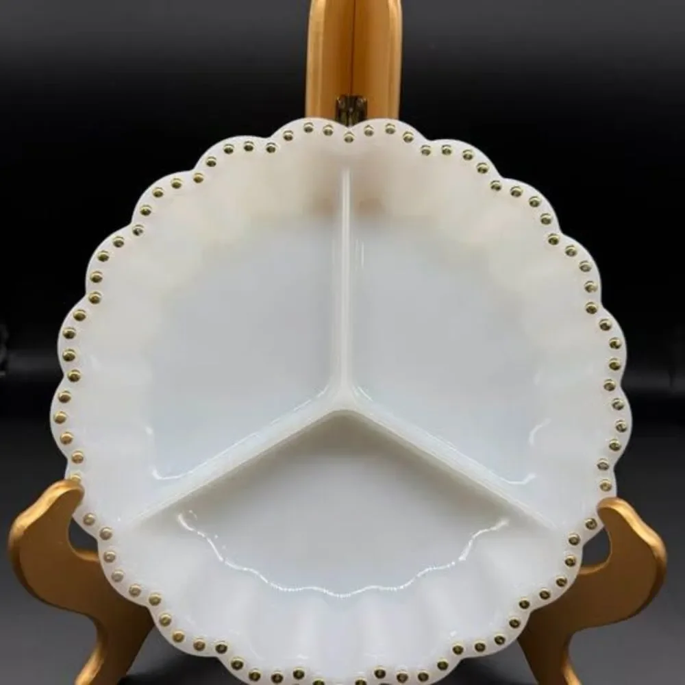 Vintage Fire-King Milk Glass Gold Beaded Divided Relish Dish